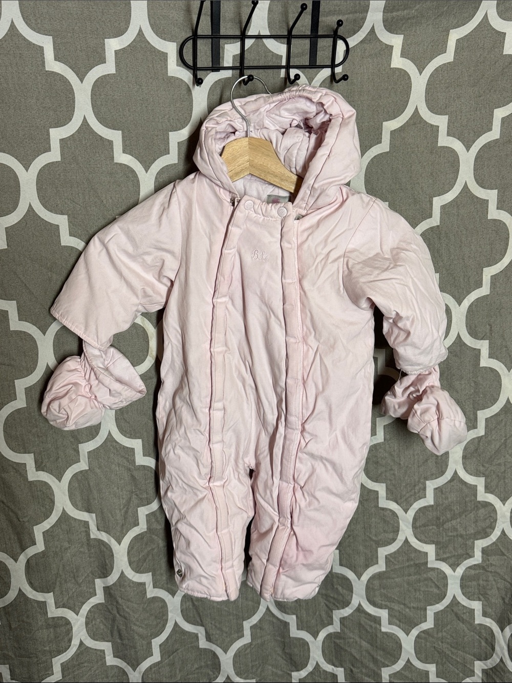 Cyrillus Paris Pink Quilted Baby Snowsuit Winter Pram Suit Hooded Mitten Sz 6/9M